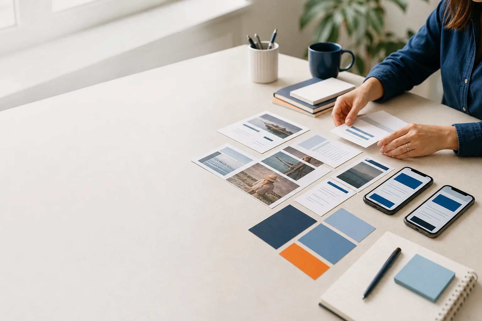 Een communicatiemedewerker ordent teksten, beelden en mobiele websitevoorbeelden.