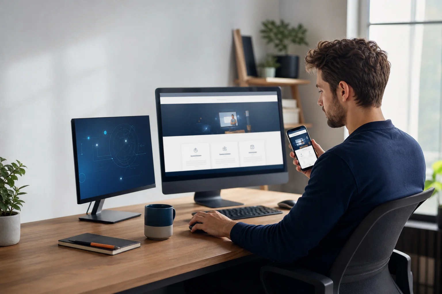 Een webprofessional controleert een zakelijke website op desktop en mobiel.