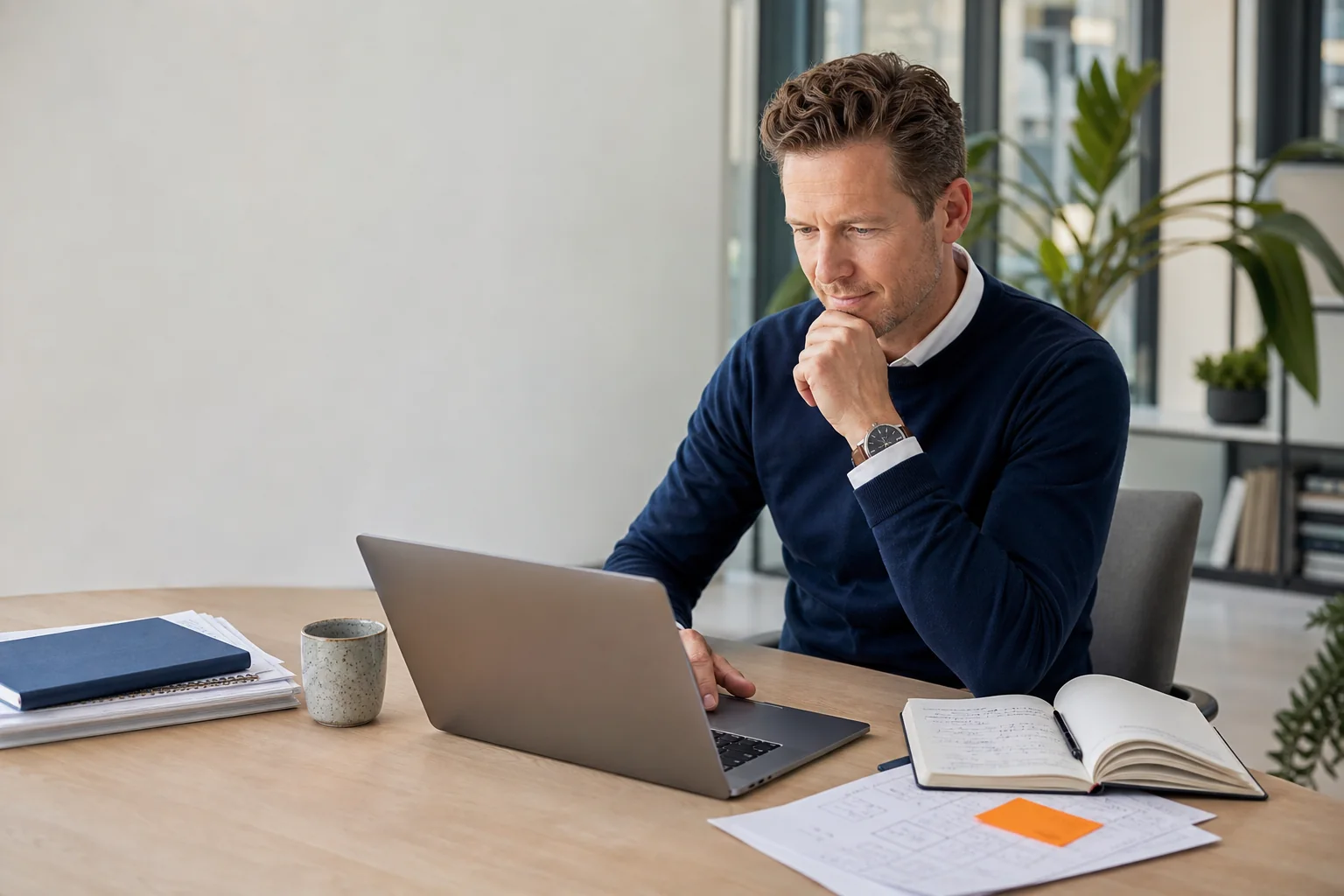 Een manager bekijkt een statusoverzicht met planning en notities.