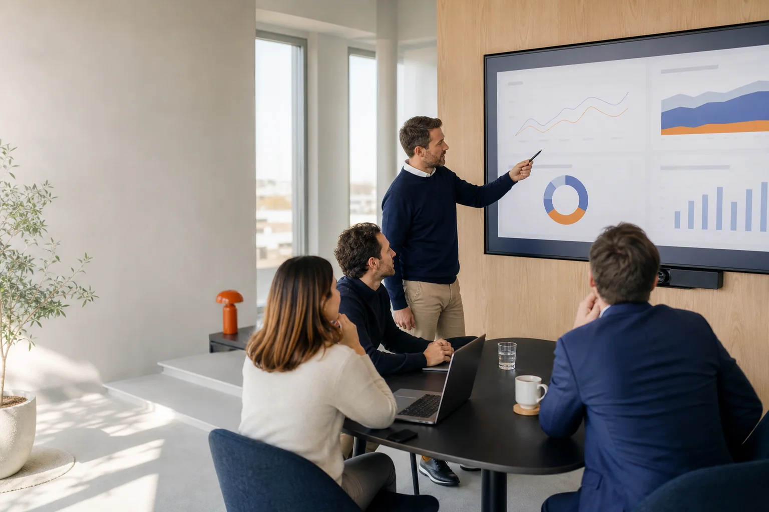 Een klantteam bespreekt de prestaties van een online platform.